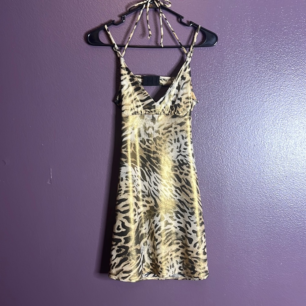 XS Guess Gold Metallic Shimmer Leopard-Print Keyhole Back Mini Dress